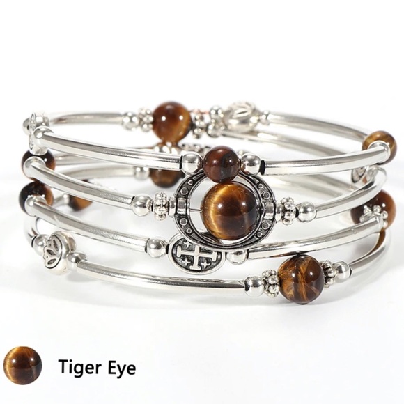NWT - Tigers Eye Natural Stone Multi Layer Bangle Bracelet - Picture 3 of 5